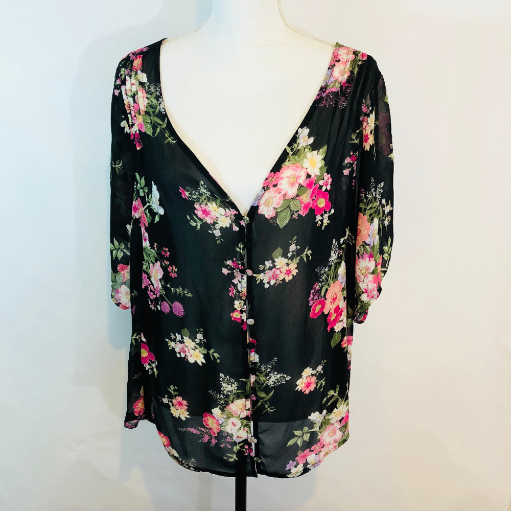 Torrid Y Neck Black Floral Blouse